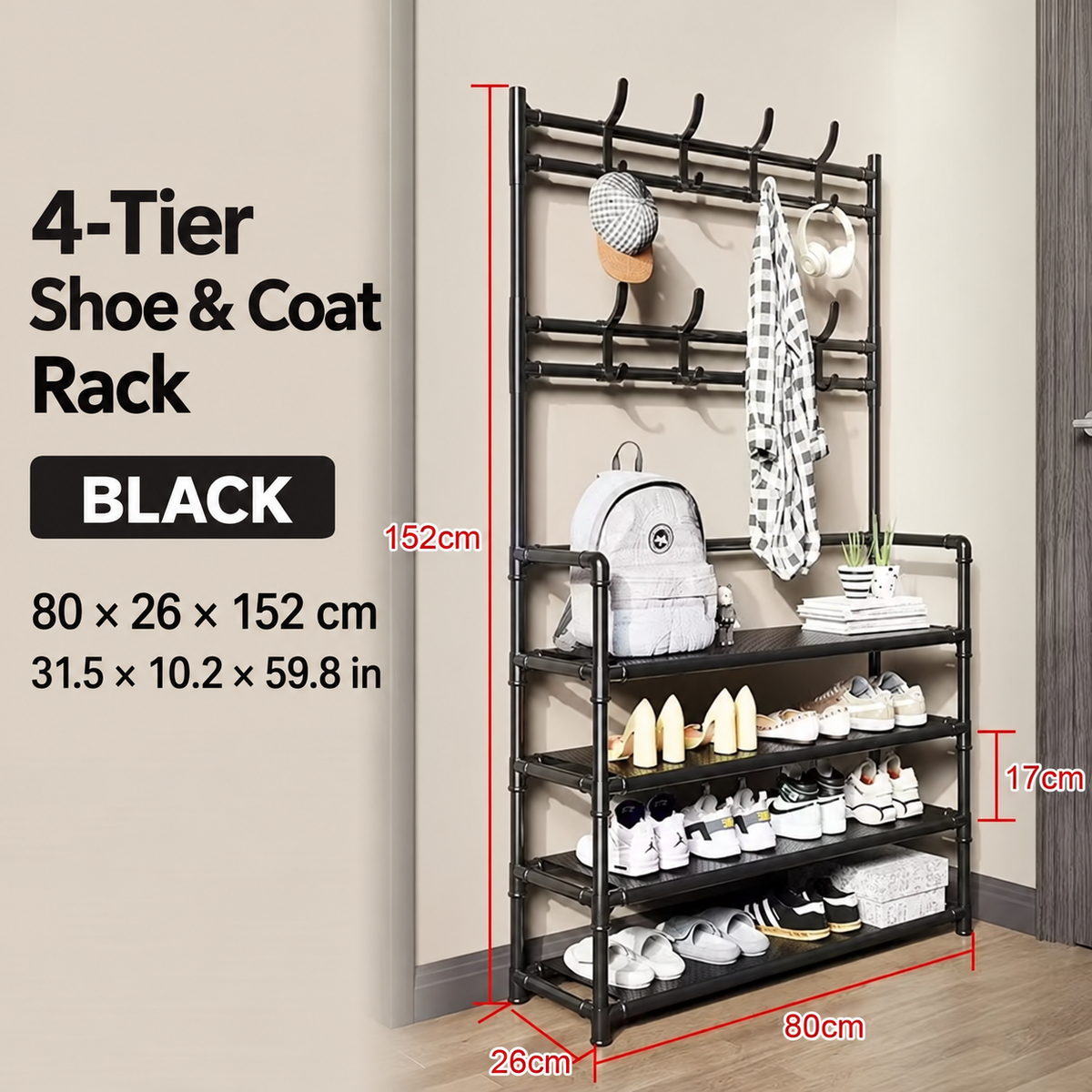 Multi-Tier Shoe & Coat Rack with Hanging Rail and Storage Hooks