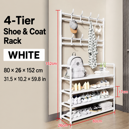 Multi-Tier Shoe & Coat Rack with Hanging Rail and Storage Hooks