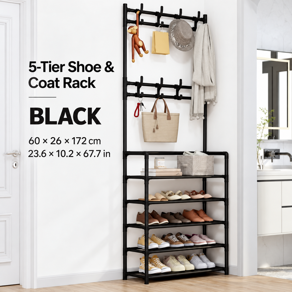 Multi-Tier Shoe & Coat Rack with Hanging Rail and Storage Hooks