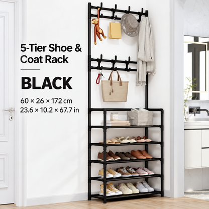 Multi-Tier Shoe & Coat Rack with Hanging Rail and Storage Hooks
