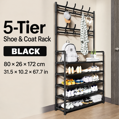 Multi-Tier Shoe & Coat Rack with Hanging Rail and Storage Hooks
