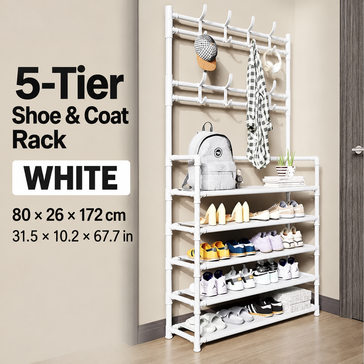 Multi-Tier Shoe & Coat Rack with Hanging Rail and Storage Hooks