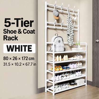 Multi-Tier Shoe & Coat Rack with Hanging Rail and Storage Hooks