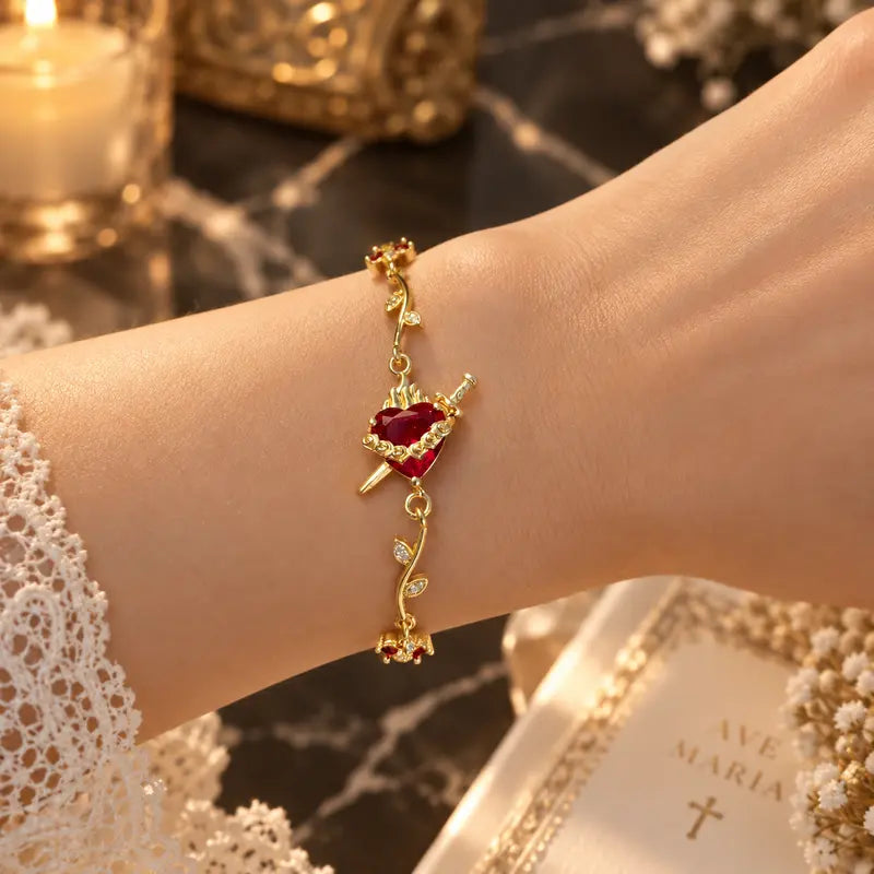 💗14K Gold Sacred Heart of Jesus & Mary Zircon Bracelet