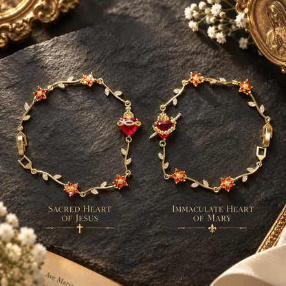 💗14K Gold Sacred Heart of Jesus & Mary Zircon Bracelet