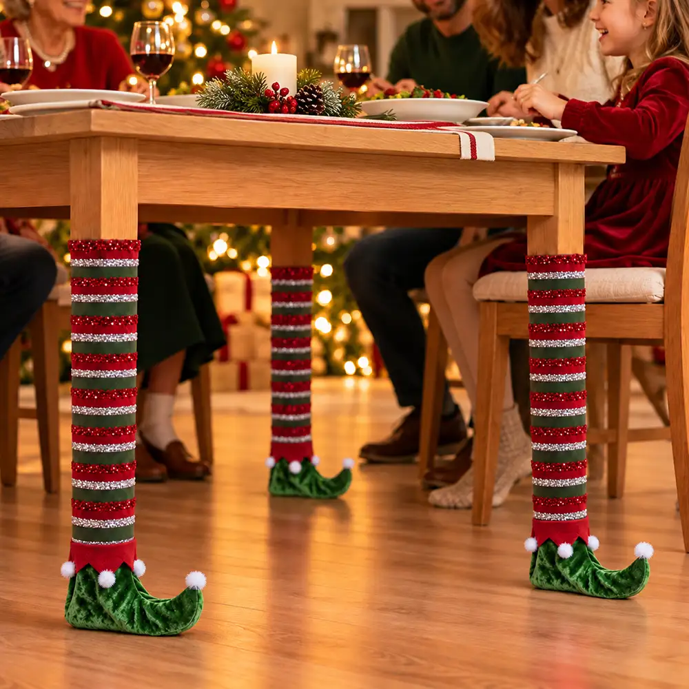 Green elf boot covers decorating dining table legs at a family Christmas dinner