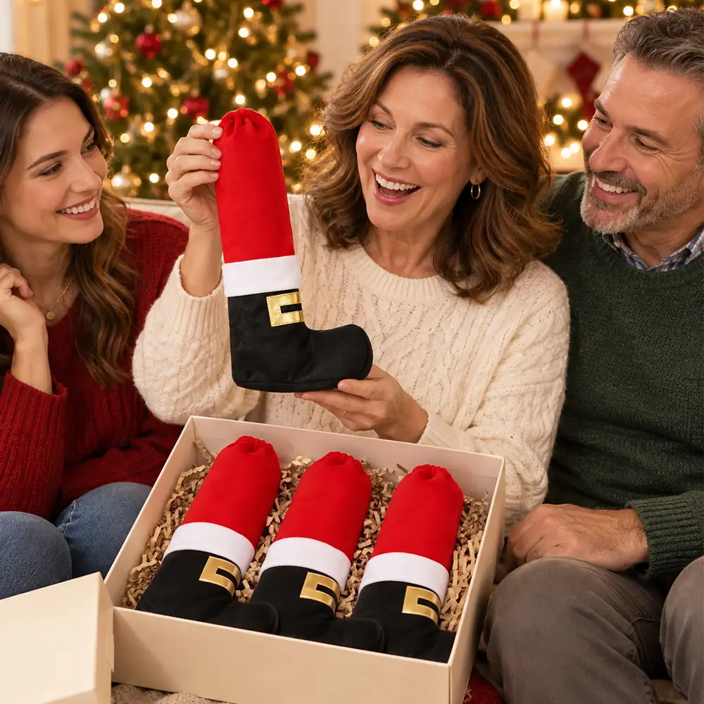 Family enjoying Santa boot furniture leg covers as a Christmas gift