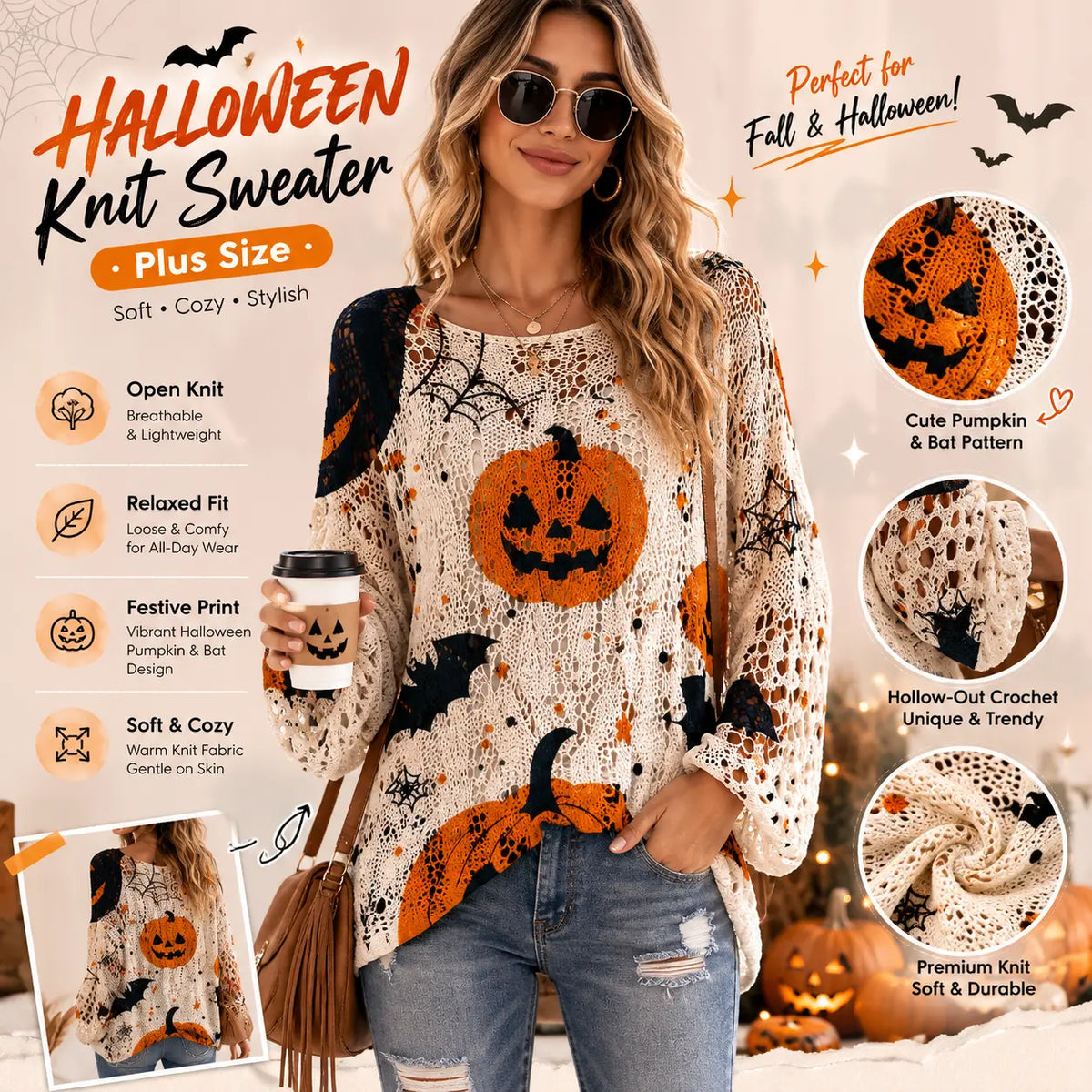 Women's Halloween Pumpkin & Bat Print Knit Pullover