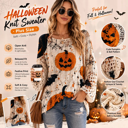 Women's Halloween Pumpkin & Bat Print Knit Pullover