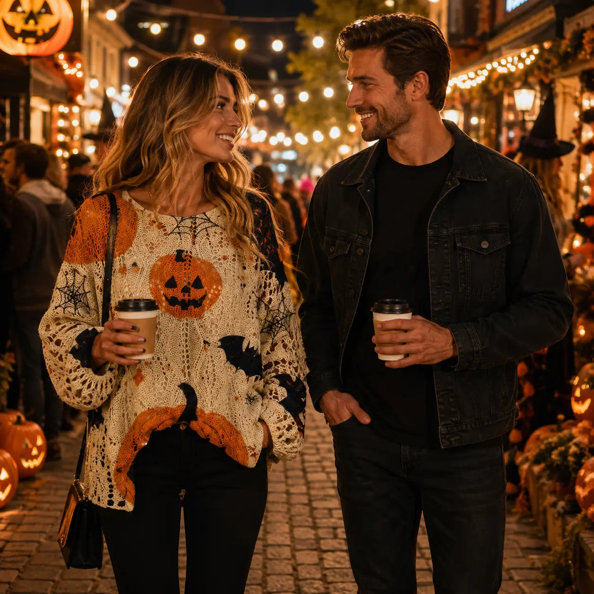 Women's Halloween Pumpkin & Bat Print Knit Pullover