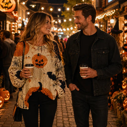 Women's Halloween Pumpkin & Bat Print Knit Pullover