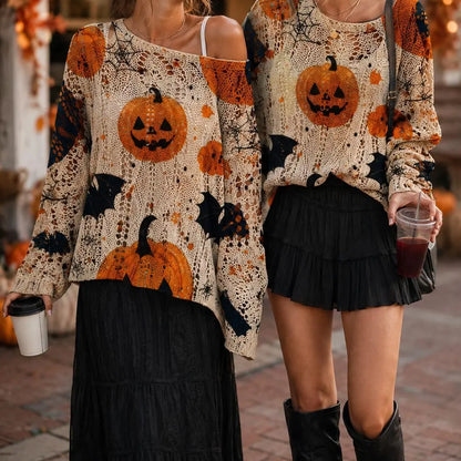 Women's Halloween Pumpkin & Bat Print Knit Pullover