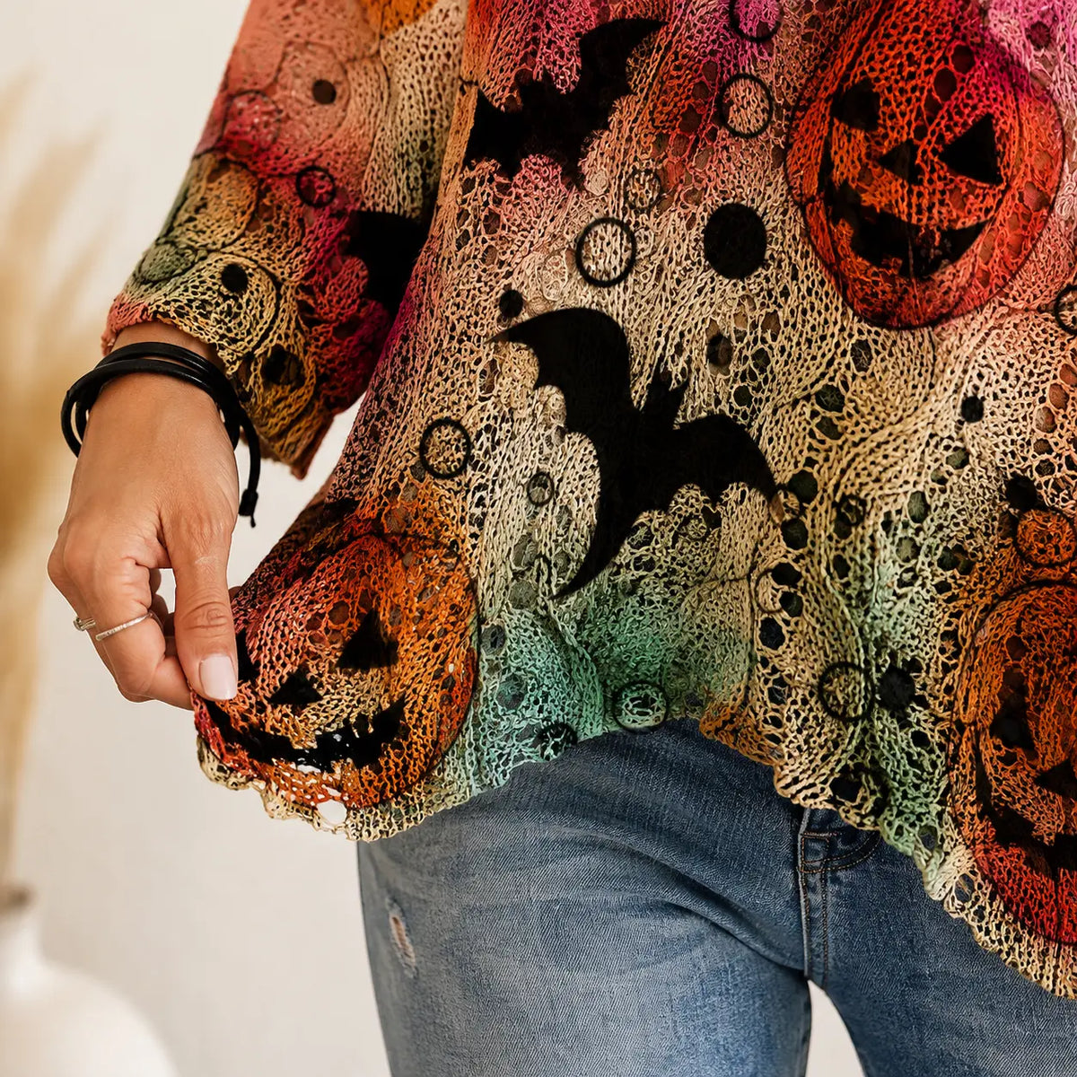 Women's Halloween Pumpkin & Bat Print Knit Pullover