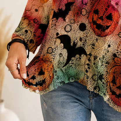 Women's Halloween Pumpkin & Bat Print Knit Pullover