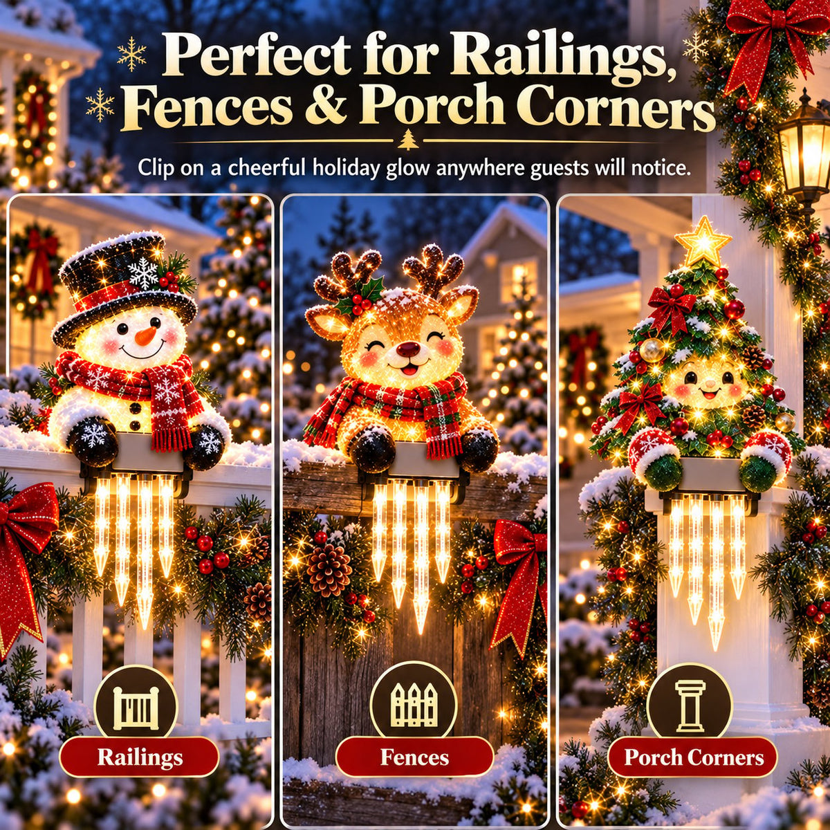 🎄 Christmas Character Railing Lights — Warm LED Icicle Glow For Magical Holiday Porch Decor🔔
