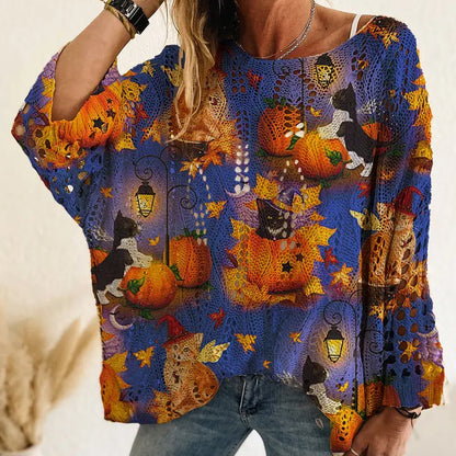 Women's Halloween Pumpkin & Bat Print Knit Pullover