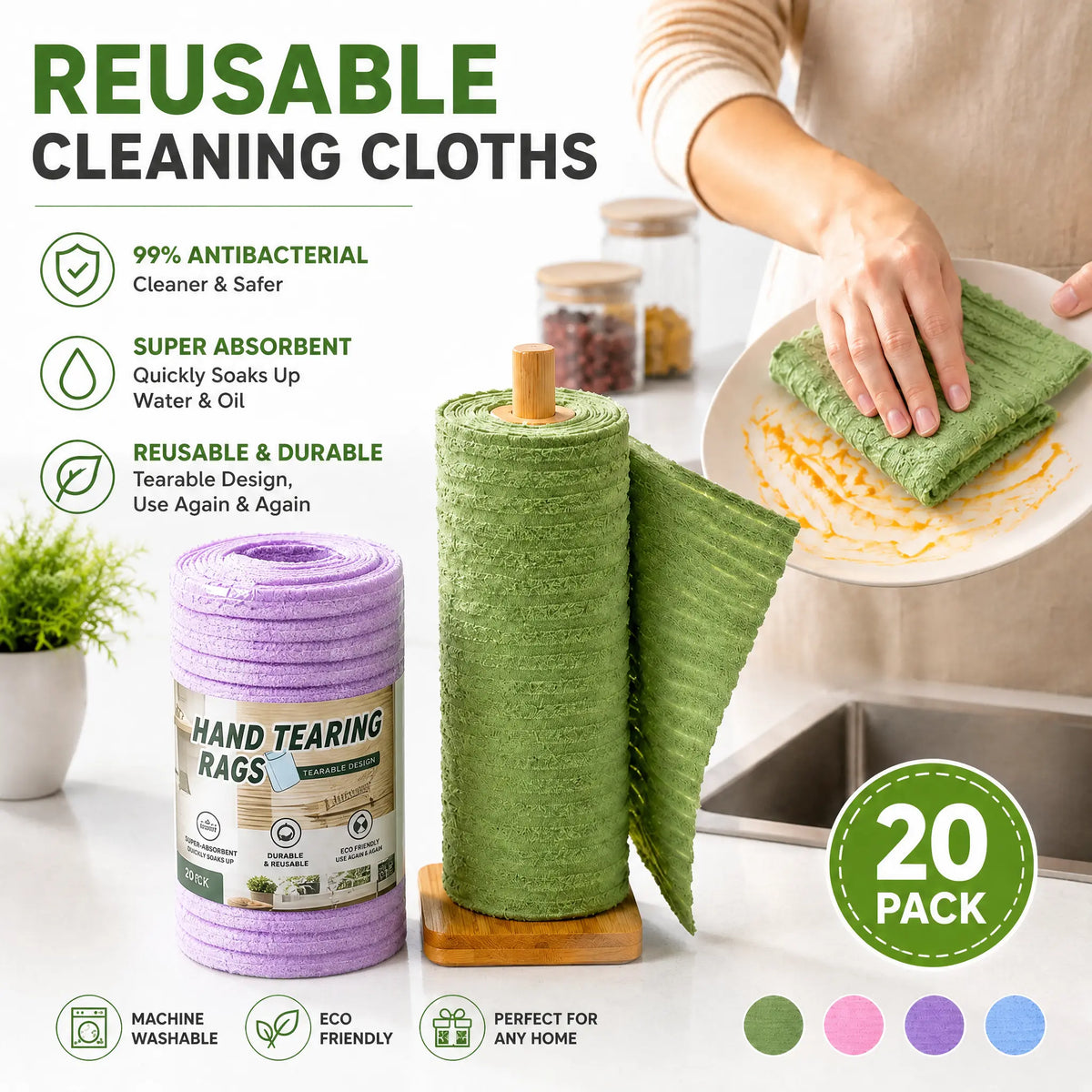 Tear-off reusable microfiber cleaning cloth roll