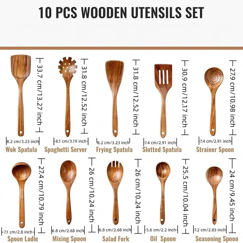 10PCS Natural Wooden Kitchen Utensil Set
