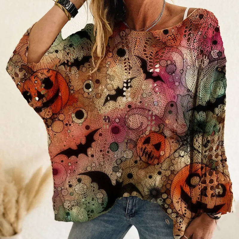 Women's Halloween Pumpkin & Bat Print Knit Pullover