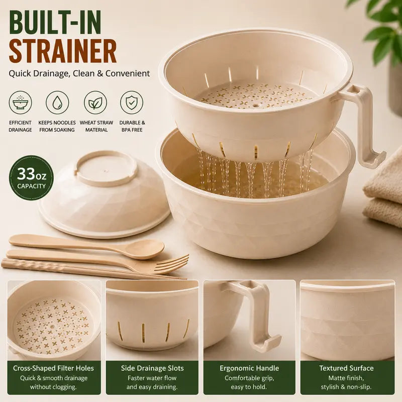 Microwave Ramen Bowl Set with Handle, Spoon, Fork, Chopsticks, 6 Sets