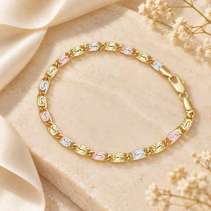 Women's Tri-Tone Mariner Link Bracelet – Floral Engraved Chain