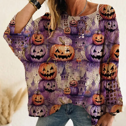 Women's Halloween Pumpkin & Bat Print Knit Pullover