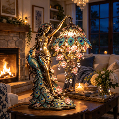 🦚 Peacock Goddess Stained Glass Table Lamp ✨