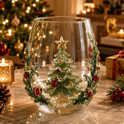 3D Raised Christmas Glass Cup – Festive Holiday Drinkware