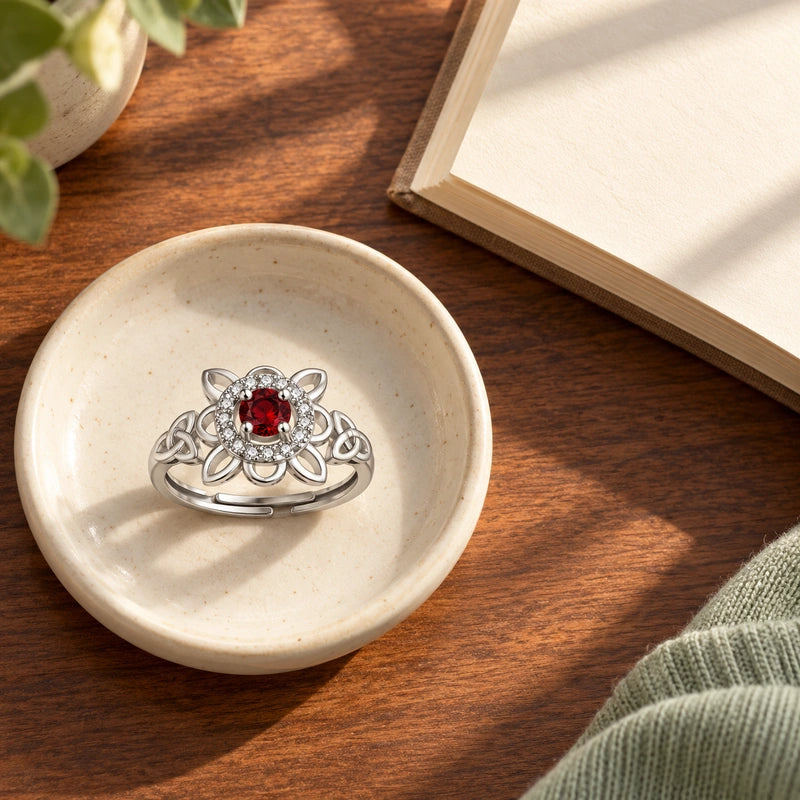 Celtic floral ring on a ceramic dish in a quiet everyday dressing scene