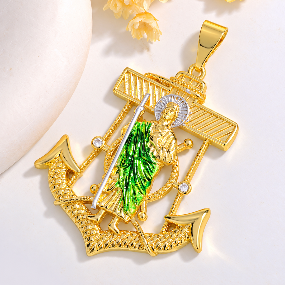 St. Jude Thaddeus Anchor Cross Pendant – 14K Gold Plated🎁 (Free Necklace Included)