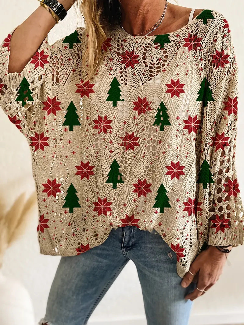 🎄Women's Holiday Knit Top – Christmas Print Loose Long Sleeve Sweater