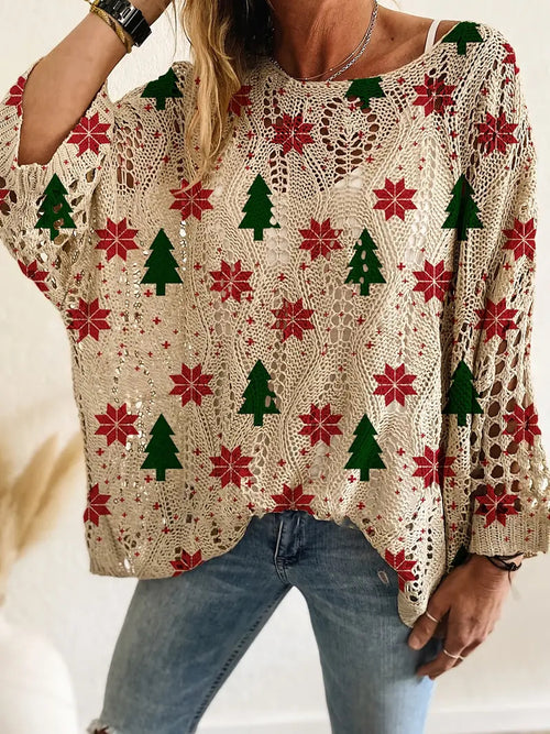 🎄Women's Holiday Knit Top – Christmas Print Loose Long Sleeve Sweater