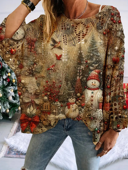 🎄Women's Holiday Knit Top – Christmas Print Loose Long Sleeve Sweater