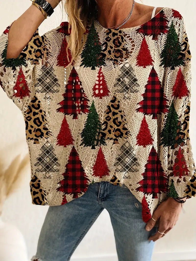 🎄Women's Holiday Knit Top – Christmas Print Loose Long Sleeve Sweater