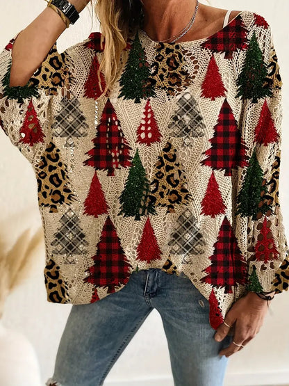 🎄Women's Holiday Knit Top – Christmas Print Loose Long Sleeve Sweater