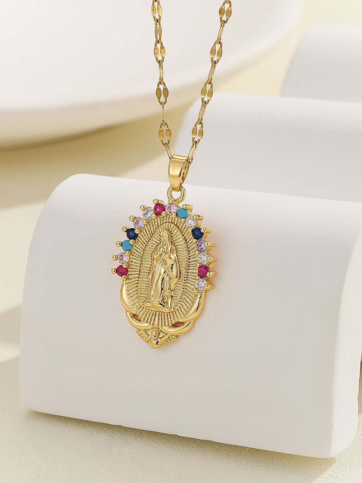 🔥14K Gold Plated Virgin of Guadalupe CZ Pendant Necklace