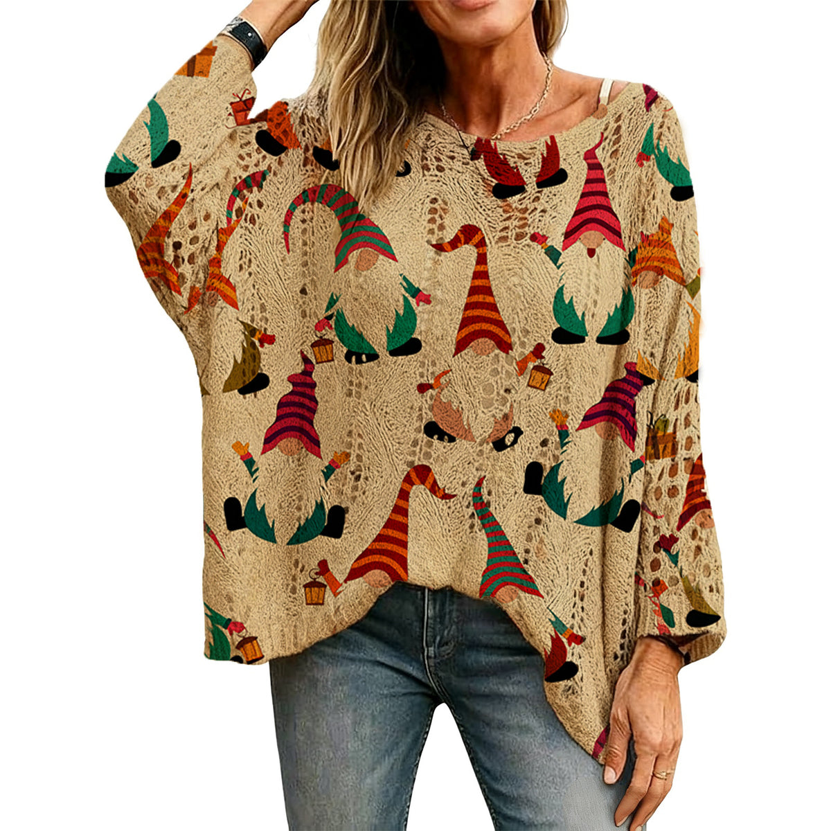 🎄Women's Holiday Knit Top – Christmas Print Loose Long Sleeve Sweater