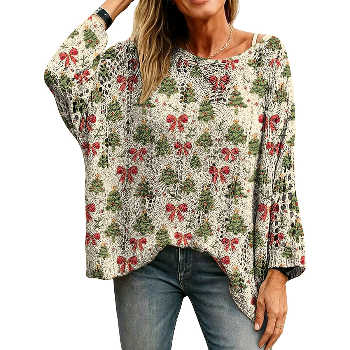 🎄Women's Holiday Knit Top – Christmas Print Loose Long Sleeve Sweater
