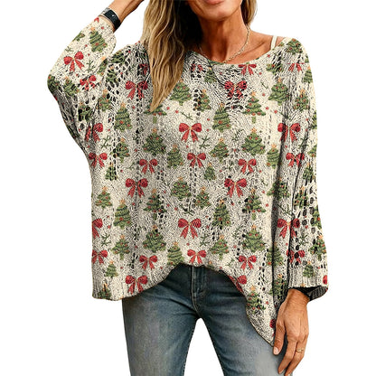 🎄Women's Holiday Knit Top – Christmas Print Loose Long Sleeve Sweater