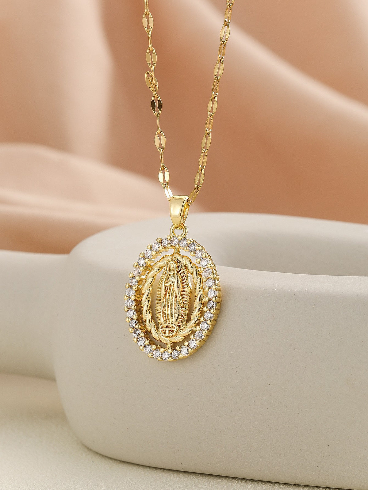 🔥14K Gold Plated Virgin of Guadalupe CZ Pendant Necklace