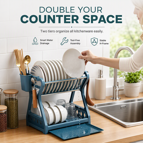 Multi-Layer Kitchen Dish Drying Rack and Tableware Storage Organizer with Steel Frame