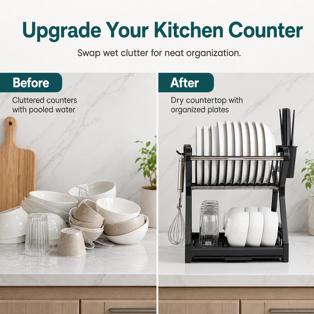 Multi-Layer Kitchen Dish Drying Rack and Tableware Storage Organizer with Steel Frame