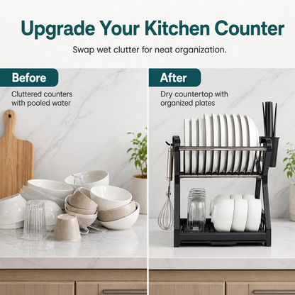 Multi-Layer Kitchen Dish Drying Rack and Tableware Storage Organizer with Steel Frame