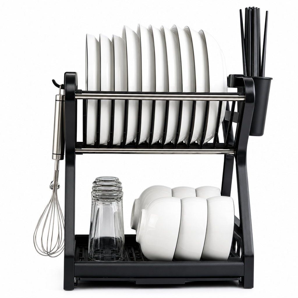 Multi-Layer Kitchen Dish Drying Rack and Tableware Storage Organizer with Steel Frame