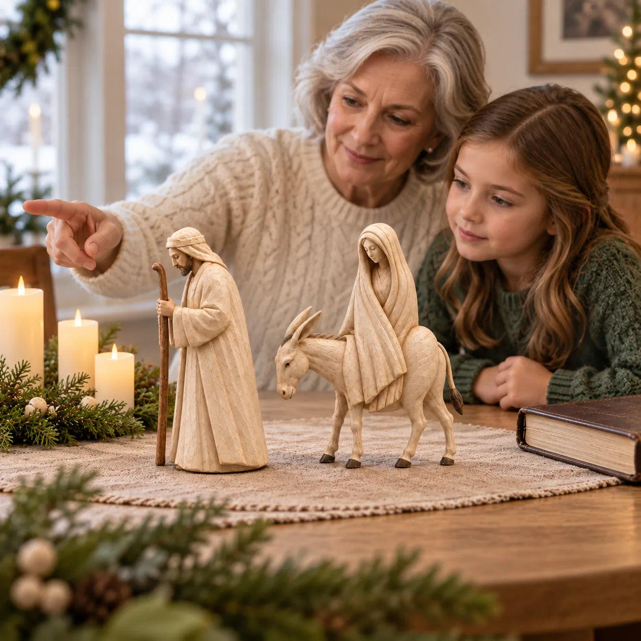Nativity figurines by a window